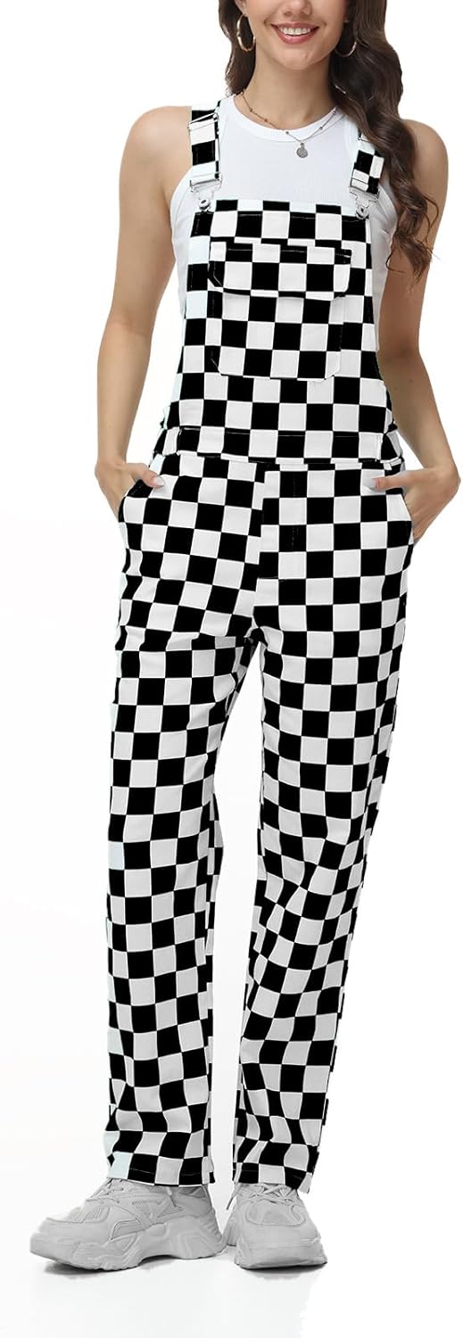 Checkered Bib Overalls for Women– Long Denim Jean Jumpsuit, Casual Fit with Adjustable Shoulder Straps