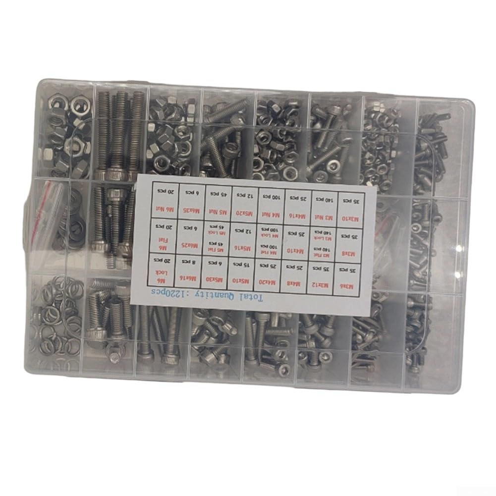Juego de tornillos Allen de acero inoxidable 304 de 1220 piezas con tuercas y arandelas, A2-70, tornillos cilíndricos hexagonales, caja surtida para impresión 3D, bricolaje, montaje y reparación de