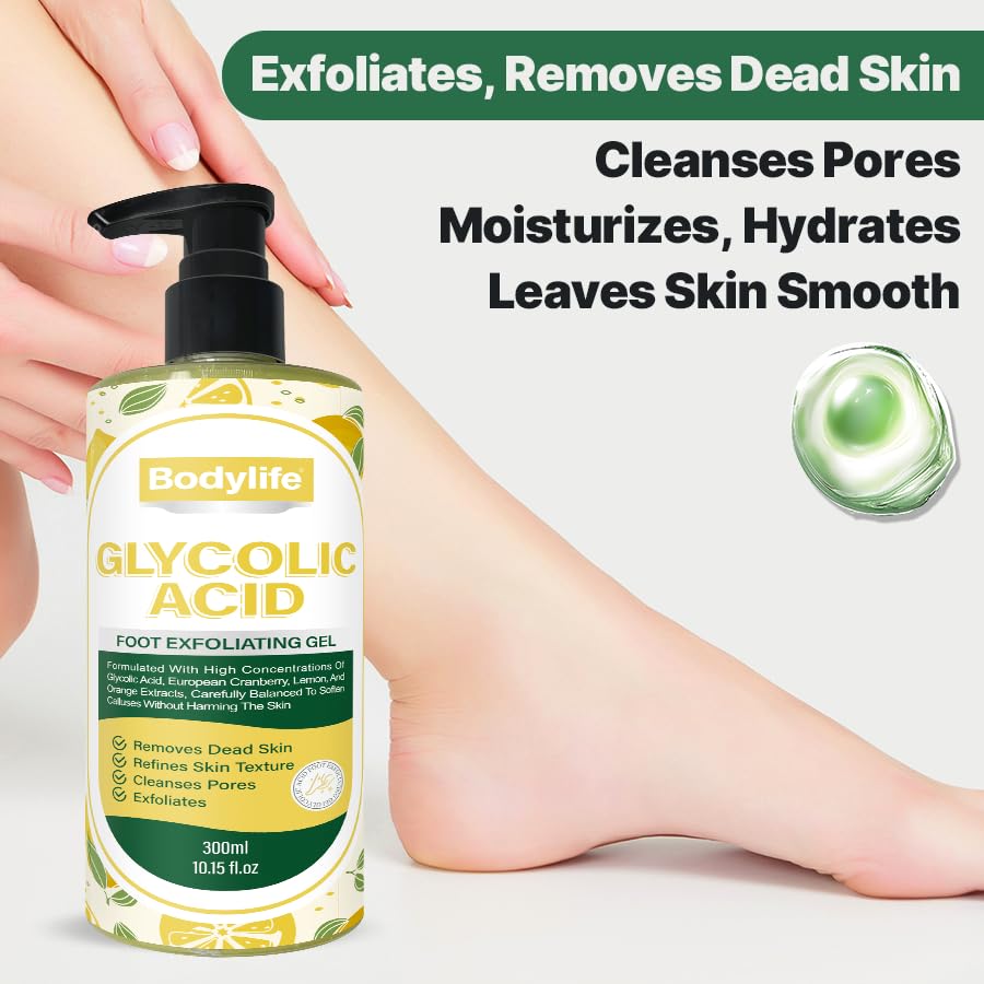 Glycolic Acid Foot Exfoliating Gel 10.15 fl oz Foot Peeling Gel Callus Remover Dead Skin Remover for Feet with Fruit Acids Lemon Lime Bilberry Hydrating Foot Peel for Smooth Soft Feet