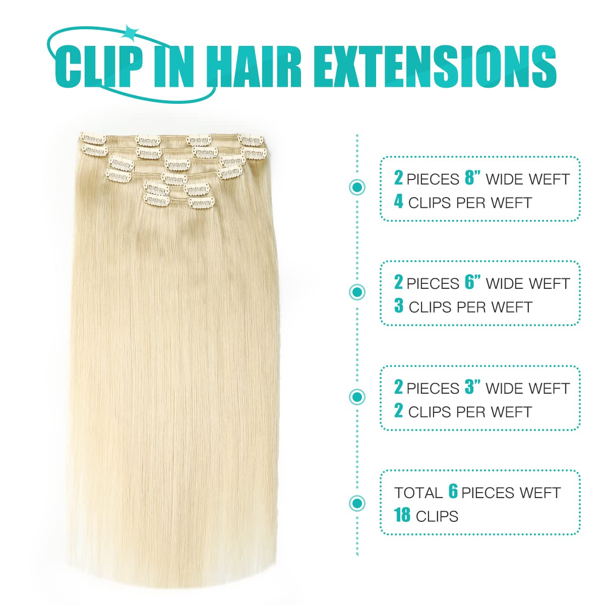 SURNEL Extensiones Clip Pelo Natural 100g 40cm 6 Piezas Rubio Platino Claro Extensiones De Clip De Humano Real Extensiones Pelo Remy Natural (C#60-40cm) - 3