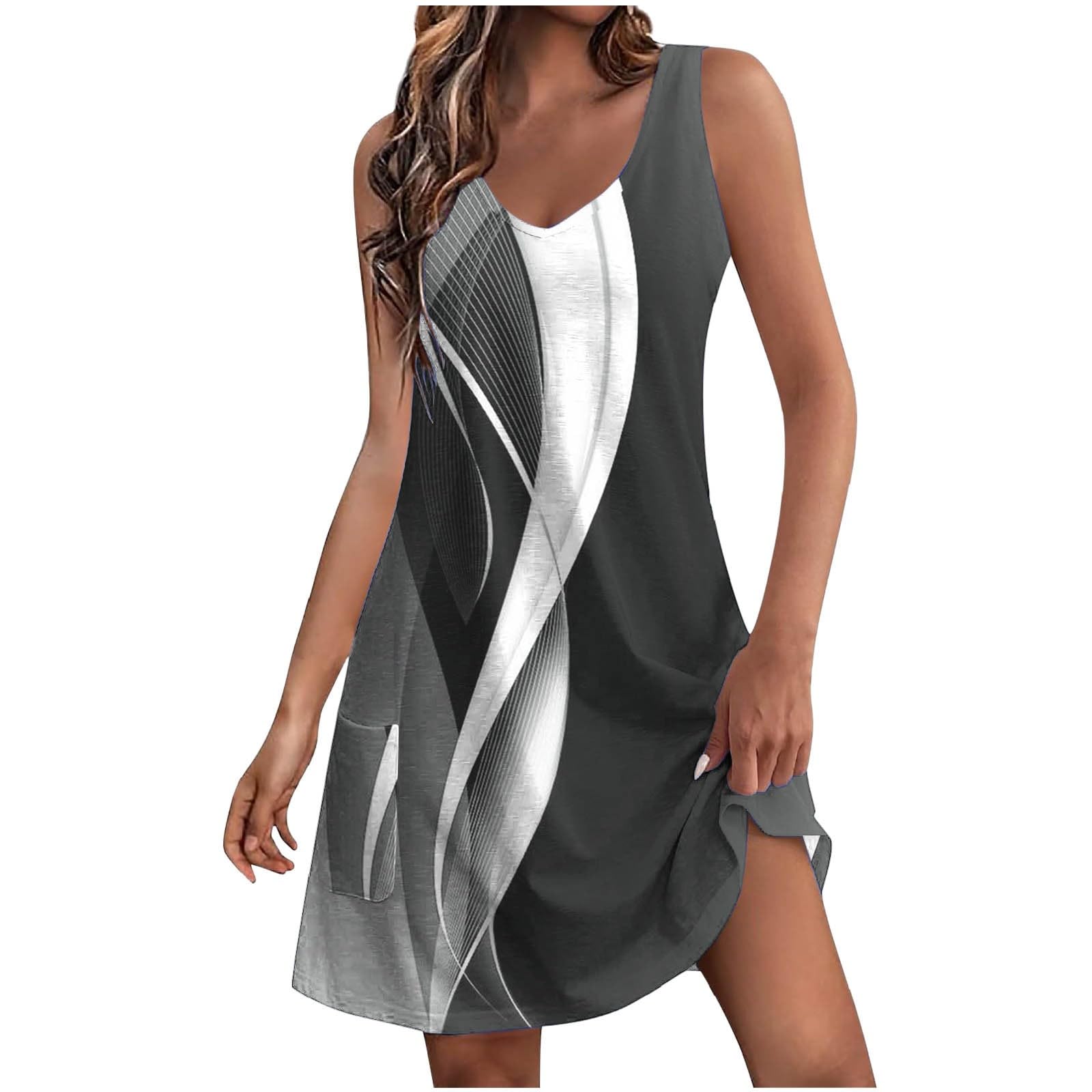 NUSGEAR Vestidos Corto para Mujer 2024 Verano Vestido Estampado Moda Casual Fiesta Vestidos sin Manga Cuello en V Basic Suelto Elegante Vestidos de Noche Diario Playa Vacaciones