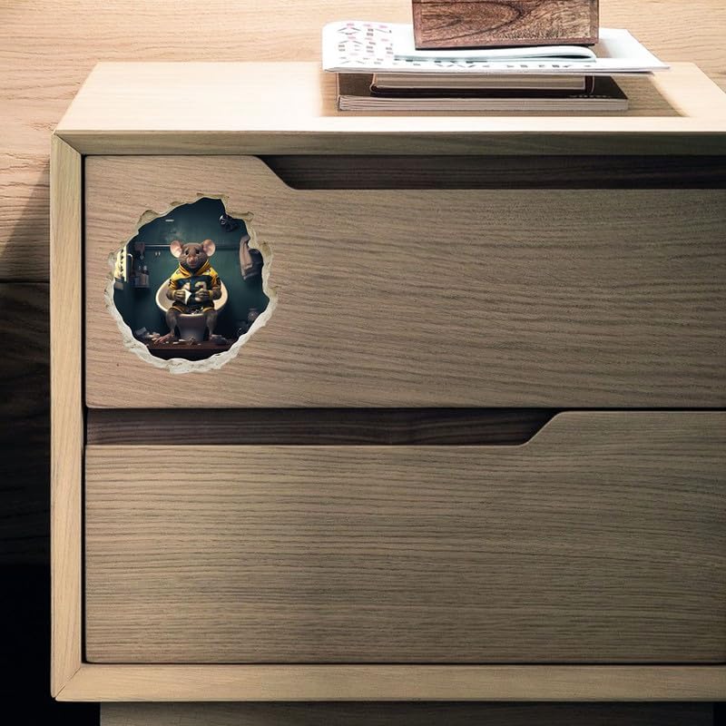 Miniatura 4 de Mouse de fútbol en el inodoro en el agujero del ratón, calcomanía de pared 3D, decoración del hogar de dibujos animados, arte de vinilo, estantería,