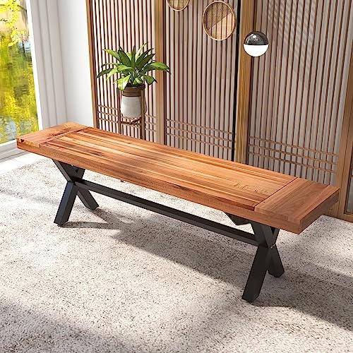 STMHOM Outdoor Wood Bench Wooden Feet, Backless Oil Finished Bench for Garden, Outdoor Acacia Wood and Rustic Metal Bench, Porch, Yard, Outdoor Dining Furniture, 62.99" D x 11.8" W x 18.1" H