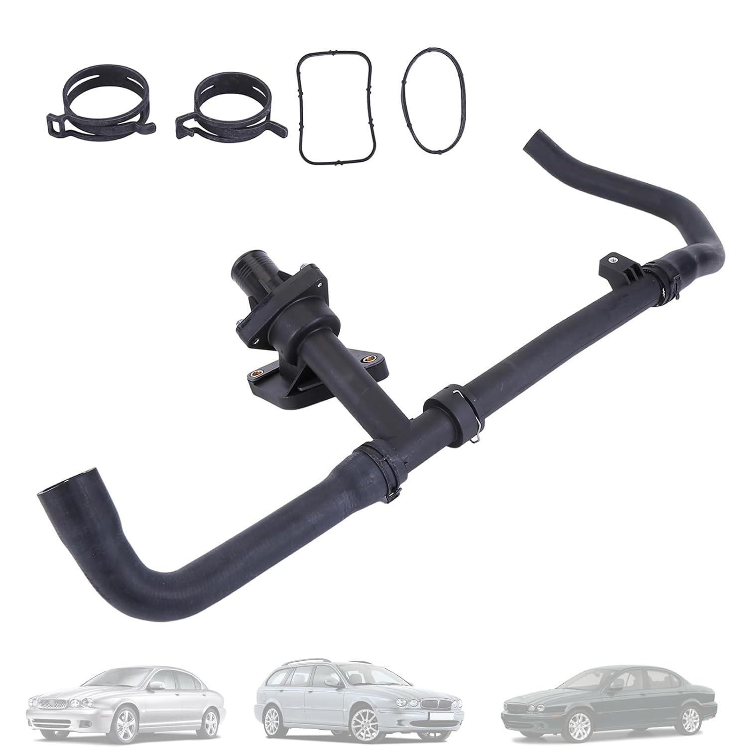 Upper Radiator Hose with Thermostat Assembly Compatible for Jaguar X-Type 2.5L 3.0L V6 Naturally Aspirated 2002 2003 2004 2005 2006 2007 2008 Radiator Hose Replaces C2S43430