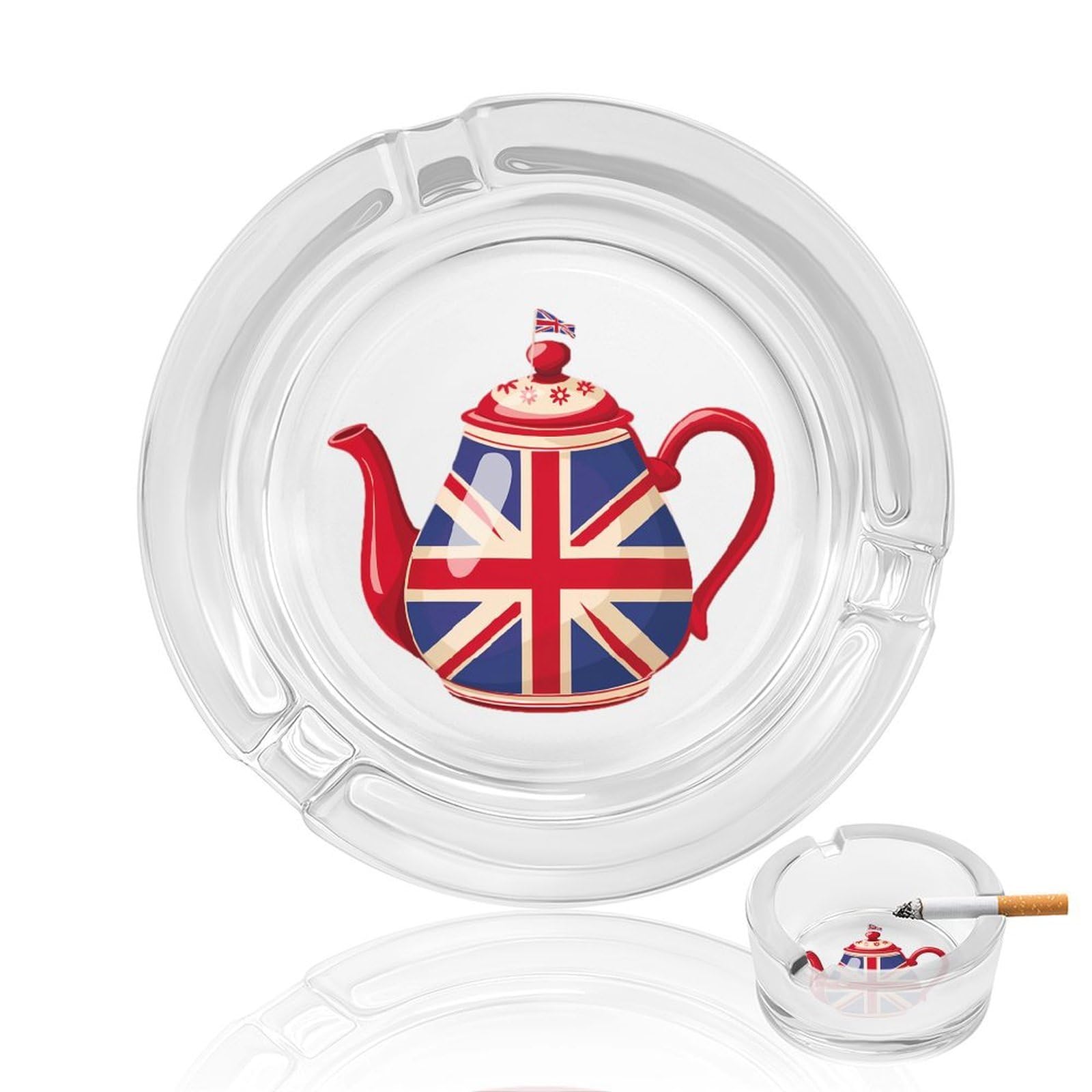 British Tea UK Teapot Union Jack Flag Ashtray Portable Round Glass Outdoor Ash Tray for Home Office Garden Pub