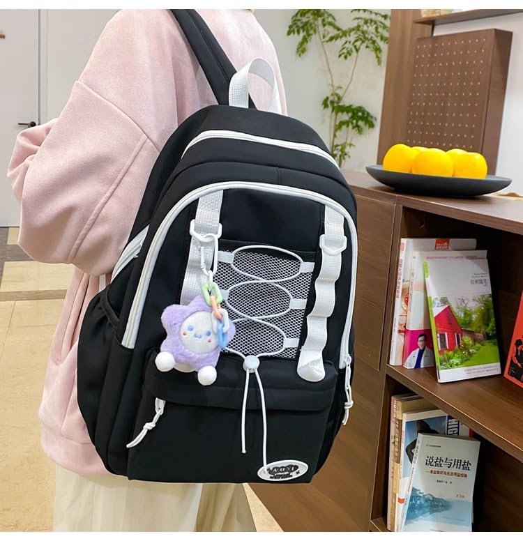 College Style Backpack Set of 3, Kawaii Simple Stylish 3-In-1 Bookbag Set, Cute Large Capacity Nylon Rucksack (Black)3