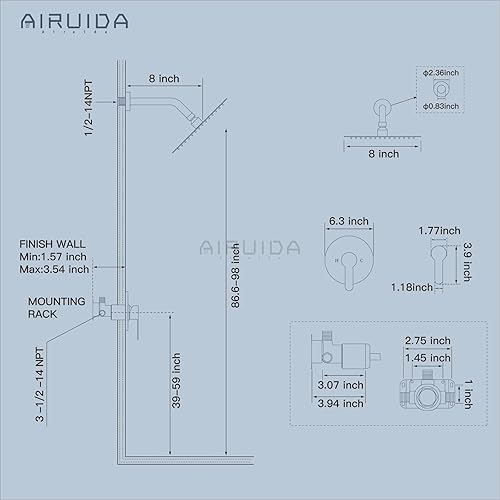 Miniatura 6 de Airuida Kit de molduras de ducha de una sola función, juego de grifo de ducha de montaje en pared, cabezal de ducha redondo de 8 pulgadas y manija,