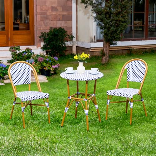 3 Piece Patio Bistro Set, French Wicker Outdoor Bistro Set with Round Table and 2 Dining Chairs, Aluminum Furniture, All Weather Outdoor Patio Set for Garden Balcony Cafes Yard, Navy and White
