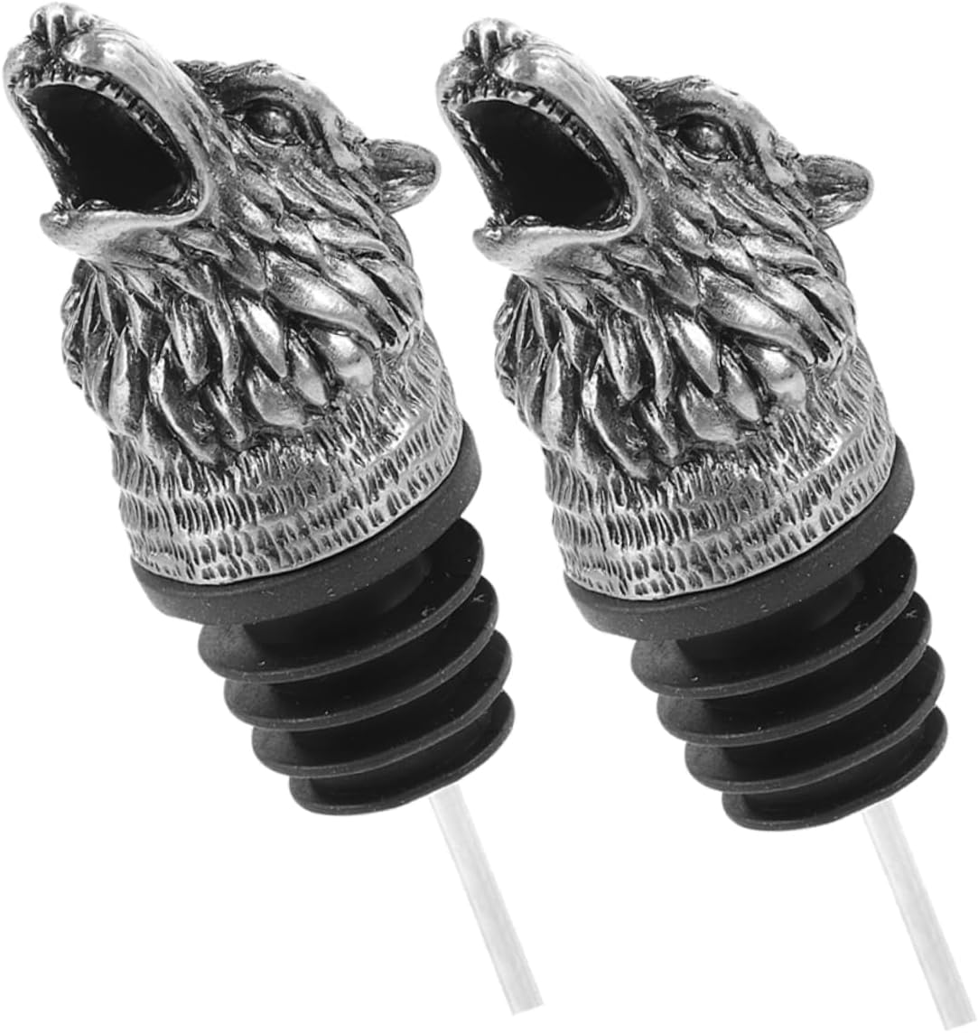 MAGICLULU 2pcs Zinc Alloy Wolf Head Wine Pourer and Stopper Set Animal Wine Aerator Decanter Unique Preserver for Home Bar Beer and Whiskey Pourer Tool
