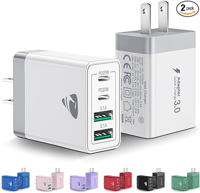 [2-Pack] USB C Wall Charger, 40W Fast USB C Charger Block, 4-Port PD Power Adapter + QC Wall Plug Multiport Type C Charging Block Cube Compatible with iPhone 16 15 14 13 12 11 Pro Max XR XS 8, Samsung