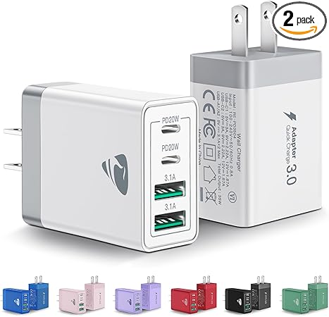 [2-Pack] USB C Wall Charger, 40W Fast USB C Charger Block, 4-Port PD Power Adapter + QC Wall Plug Multiport Type C Charging Block Cube Compatible with iPhone 16 15 14 13 12 11 Pro Max XR XS 8, Samsung