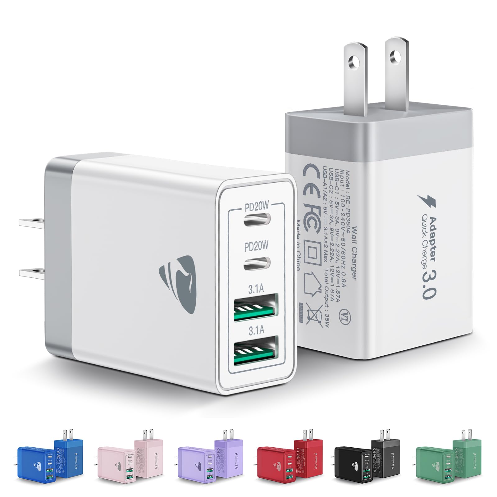 [2-Pack] USB C Wall Charger, 40W Fast USB C Charger Block, 4-Port PD Power Adapter + QC Wall Plug Multiport Type C Charging Block Cube Compatible with iPhone 16 15 14 13 12 11 Pro Max XR XS 8, SamsungCarbonfree Certified