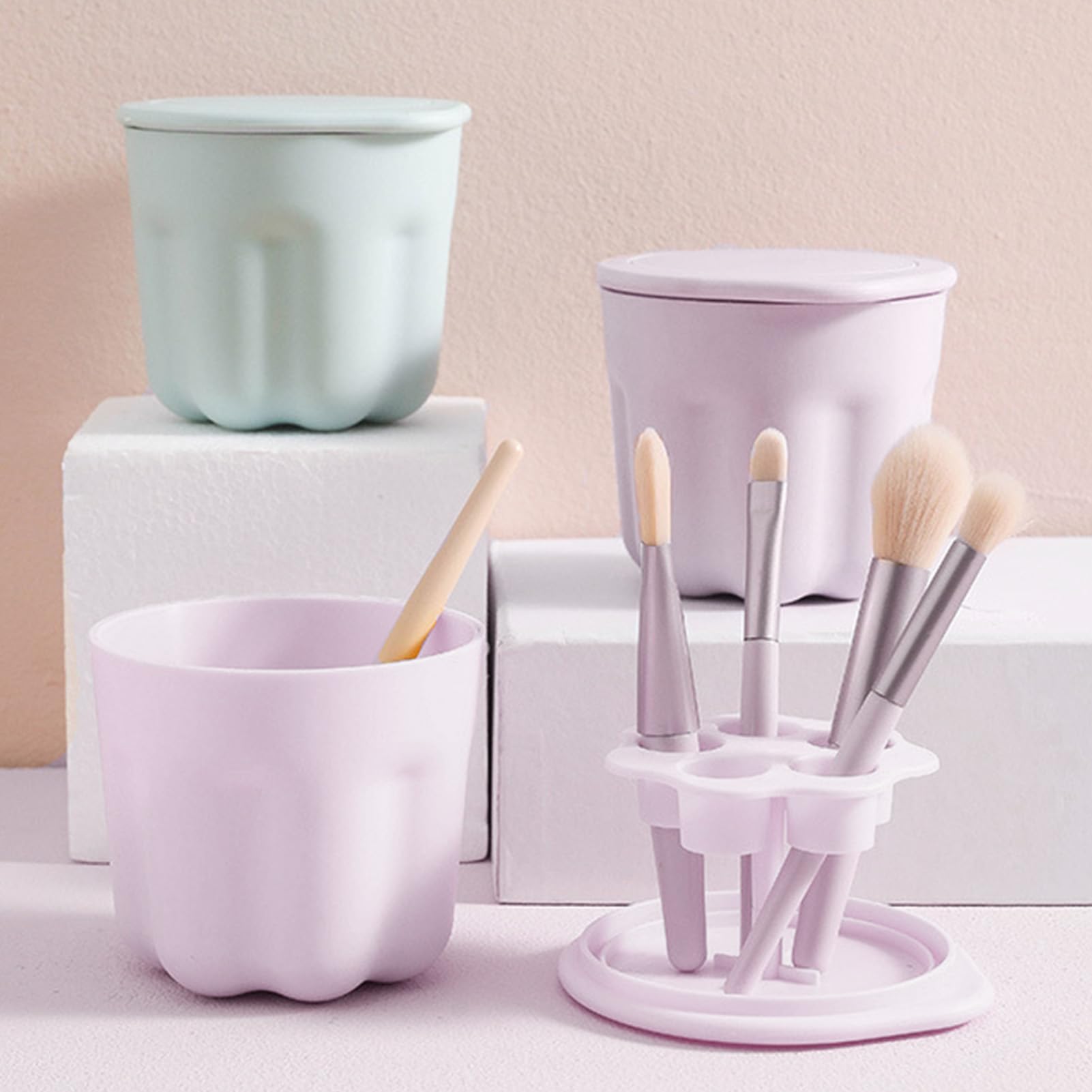 Alvinlite Makeup Brush Cleaning Mat, 2PCS 2 in 1 Silicone Makeup Cosmetic Brush Cleaner Cup with Drying Holder for Storage, Brush Cleaning Scrubber Tool with Stand & Air Dry Brushes Holder