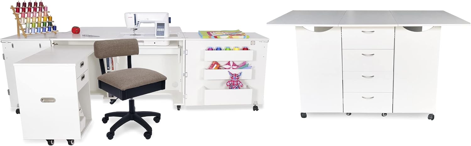 ARROW SEWING CABINETS Ash White Kookaburra with Aussie, Mat and Button Hydraulic Chair