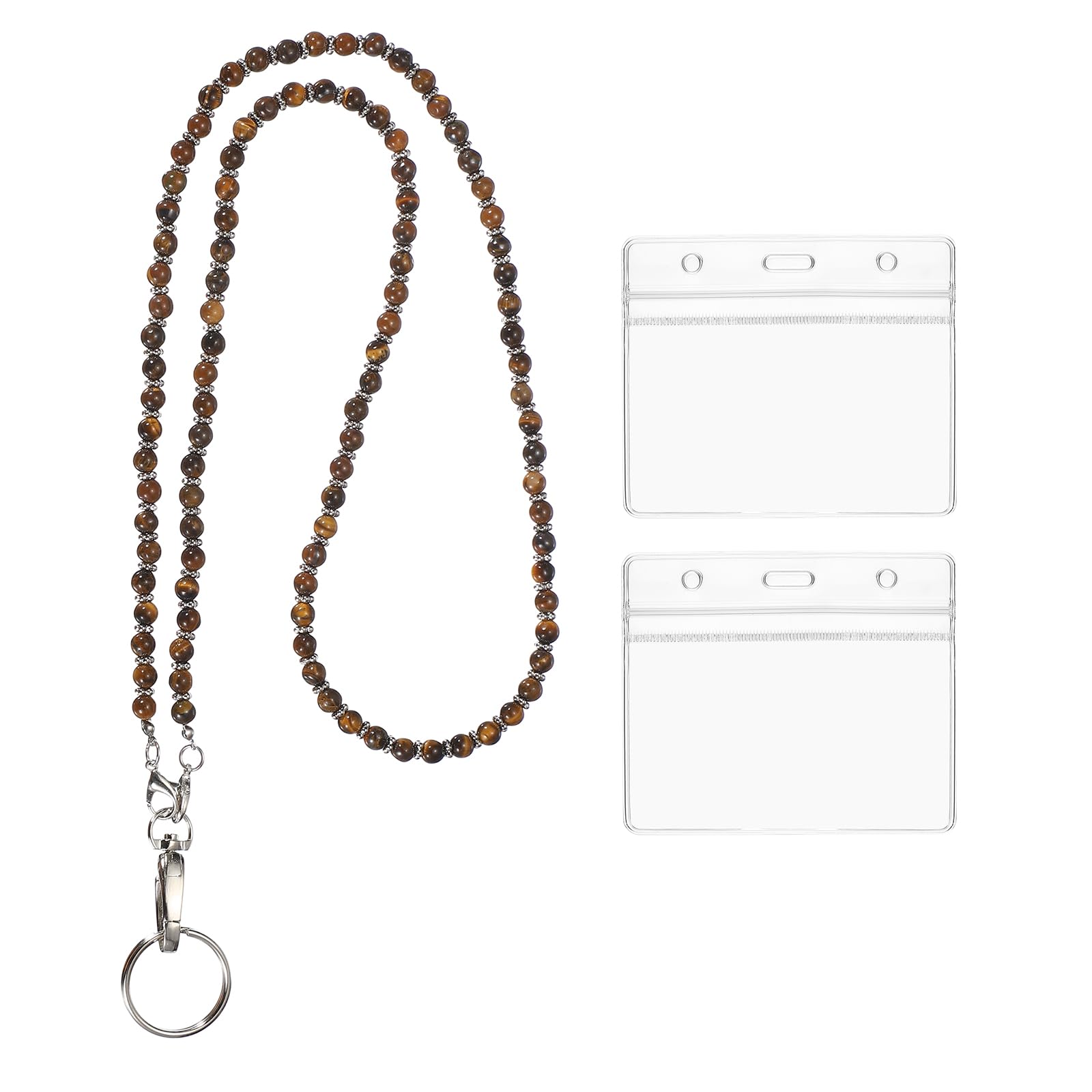 PATIKIL Beaded Lanyards for ID Badges, Cute Gemstone Beaded Keychain Necklace Lanyard with 2 Horizontal Badge Holders for Women Teacher Gift Keys Chain Cards, Coffee