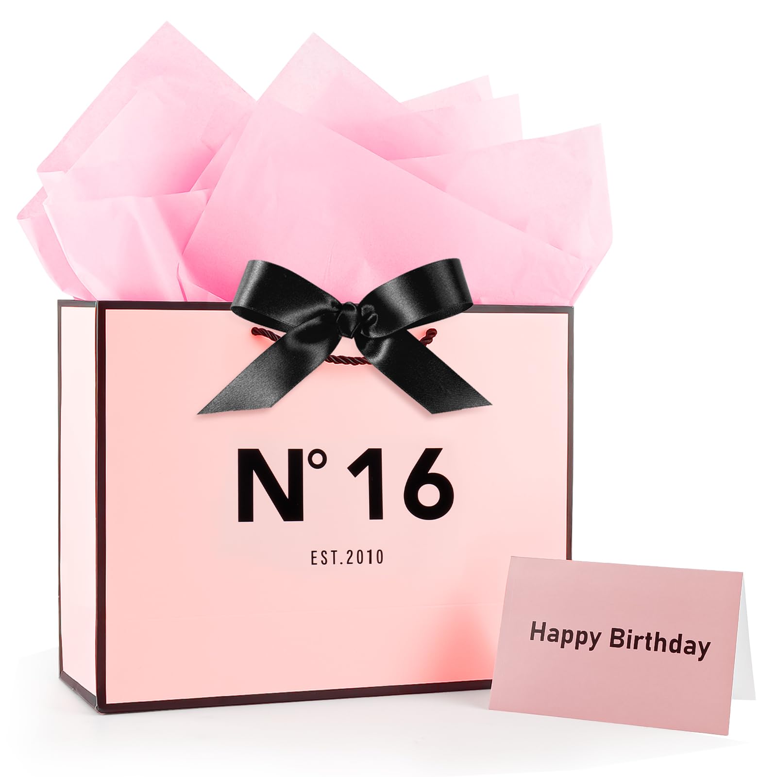 Girls Pink 16th Birthday Gift Bag 13" with Card Bow Ribbon and Tissue Papers for Celebrating Girls 2010 Born Birthday Anniversary Present Paper Bags for Gifts Wrapping(EST.2010 16th) — image 1