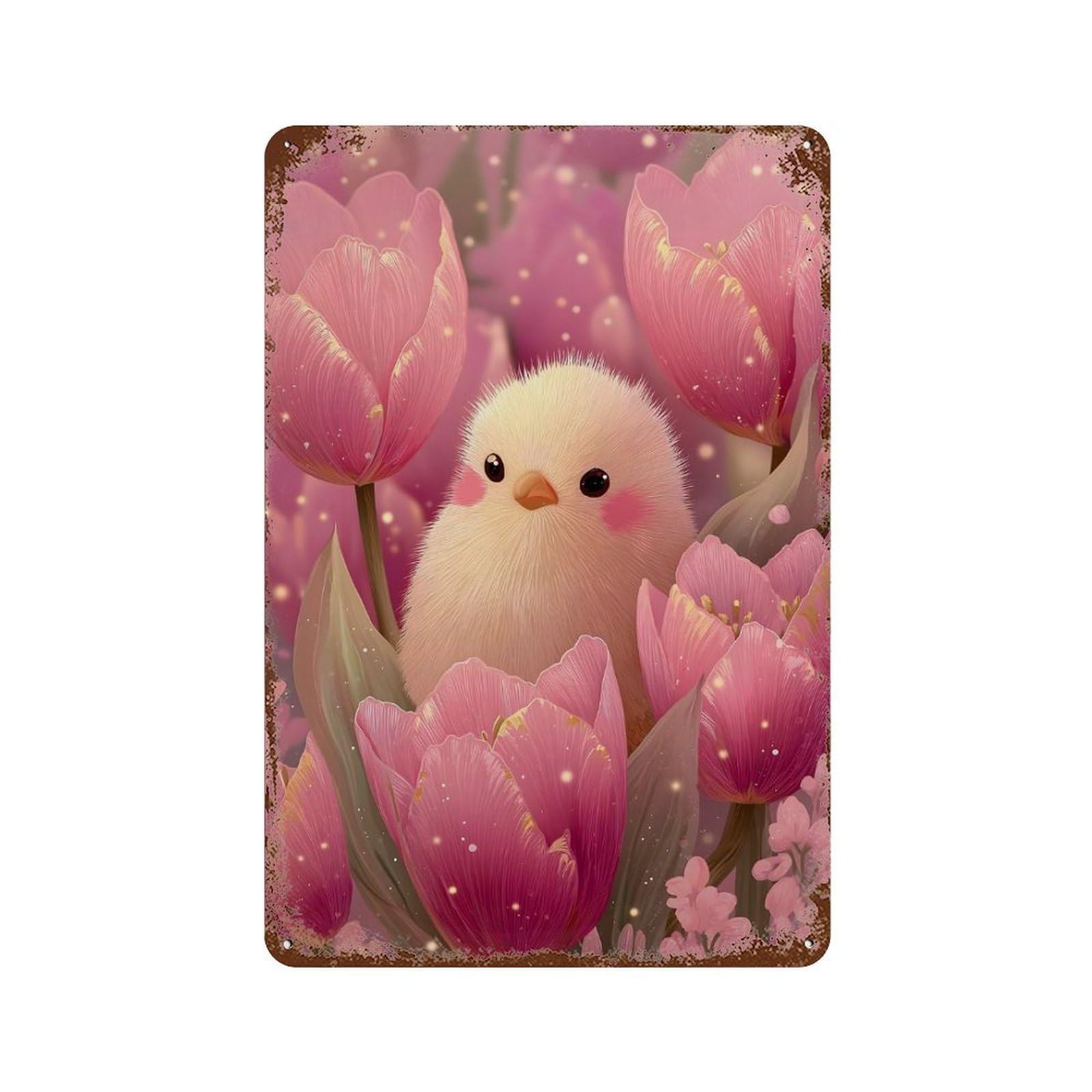 Cute Chick in Pink Tulips Decorative Tin Sign 11.8"x7.9", for Farmhouse, Kitchen And Entryway Decor, Vintage Wall Decor