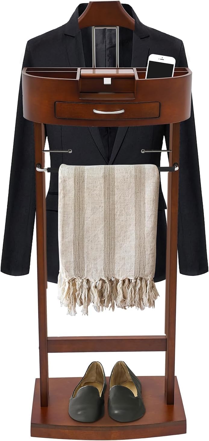 Wooden Men's Valet Stand - Multifunctional Suit Rack with Drawer & Shoe Shelf for Bedroom, Entryway, Hotel, Home Office - Stylish Brown Floorstanding Organizer Brown