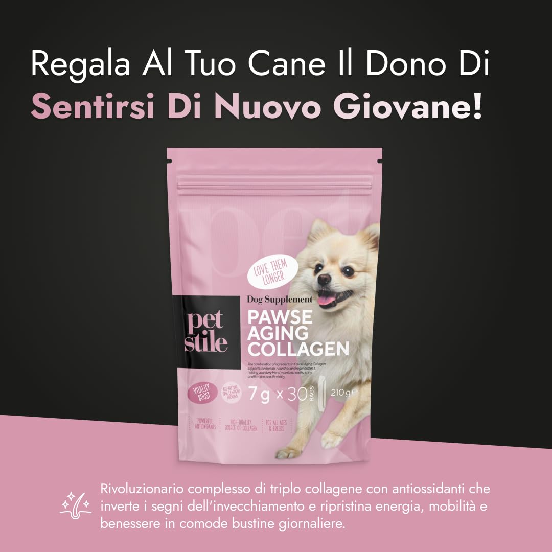 Pawse Aging Collagen – Integratore Anti Età Naturale per Cani con Triplo Collagene, Vitamine e Prebiotici – Per Pelle, Pelo, Articolazioni, Digestione e Immunità (1x 210 g)