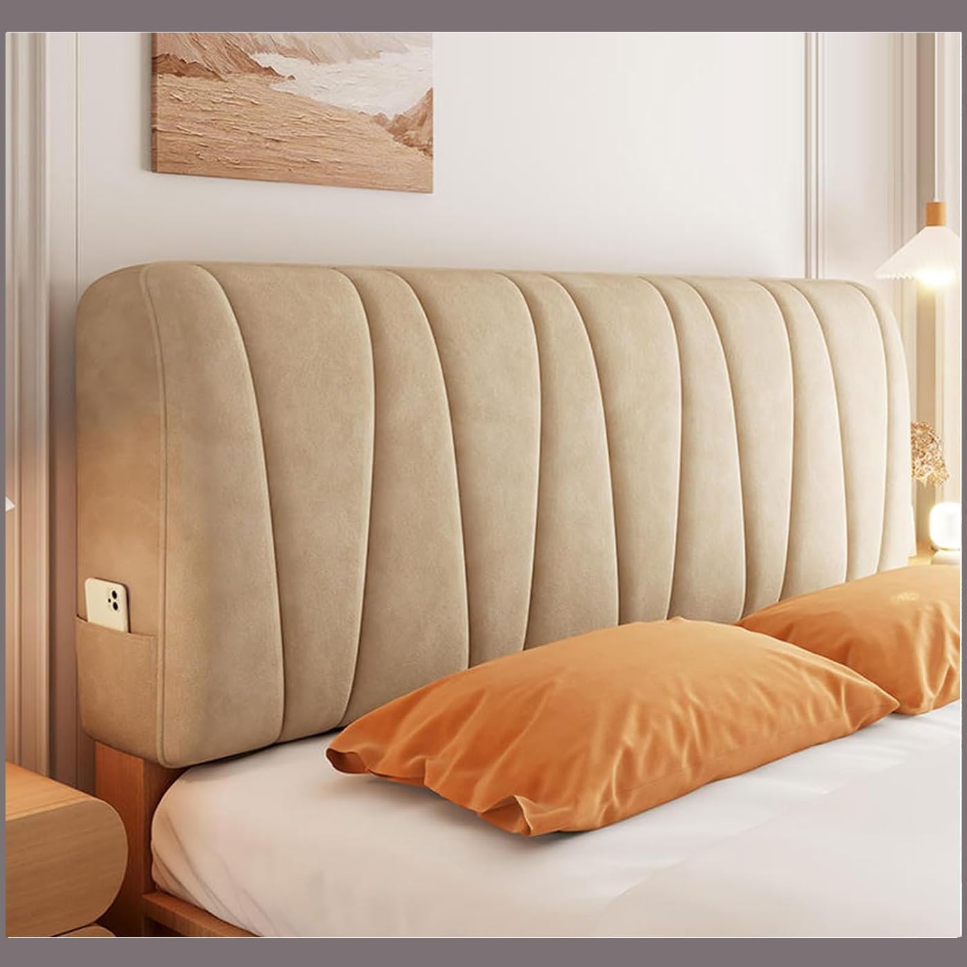 Headboard Covers,Bed Velvet Slipcover For Single/King/Double,All-inclusive Bed Backrest Stretch Furniture Protective Dustproof Cover For Beds Solid Color Thicken Quilted Washable(130CM,Khaki)