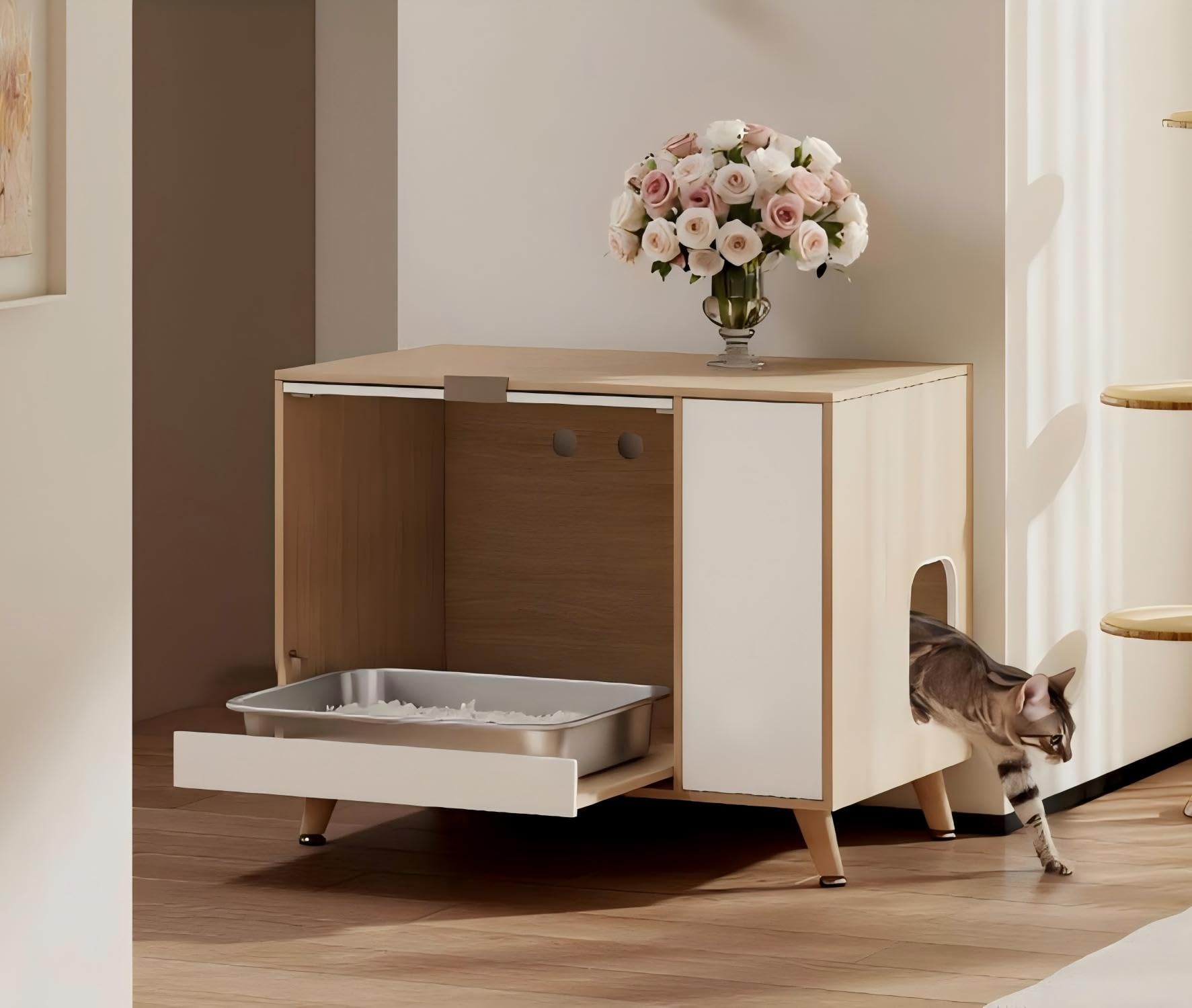 Mueble Arenero para Gatos, Mueble para Esconder la Arena con Puerta Abatible y Bandeja Extraíble, Casa para Gatos con Entrada Lateral y Almacenamiento, Tono Madera