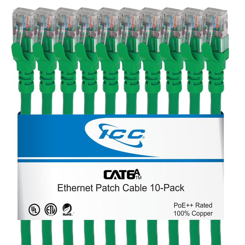 ICC CAT6A U/FTP UL Listed RJ45 Ethernet Patch Cord, Stranded, 500 MHz, Pure Bare Copper Wire, 26 AWG, LAN Network Patch Cable, Slimline Strain Relief, Green, 1 FT, 10-Pack