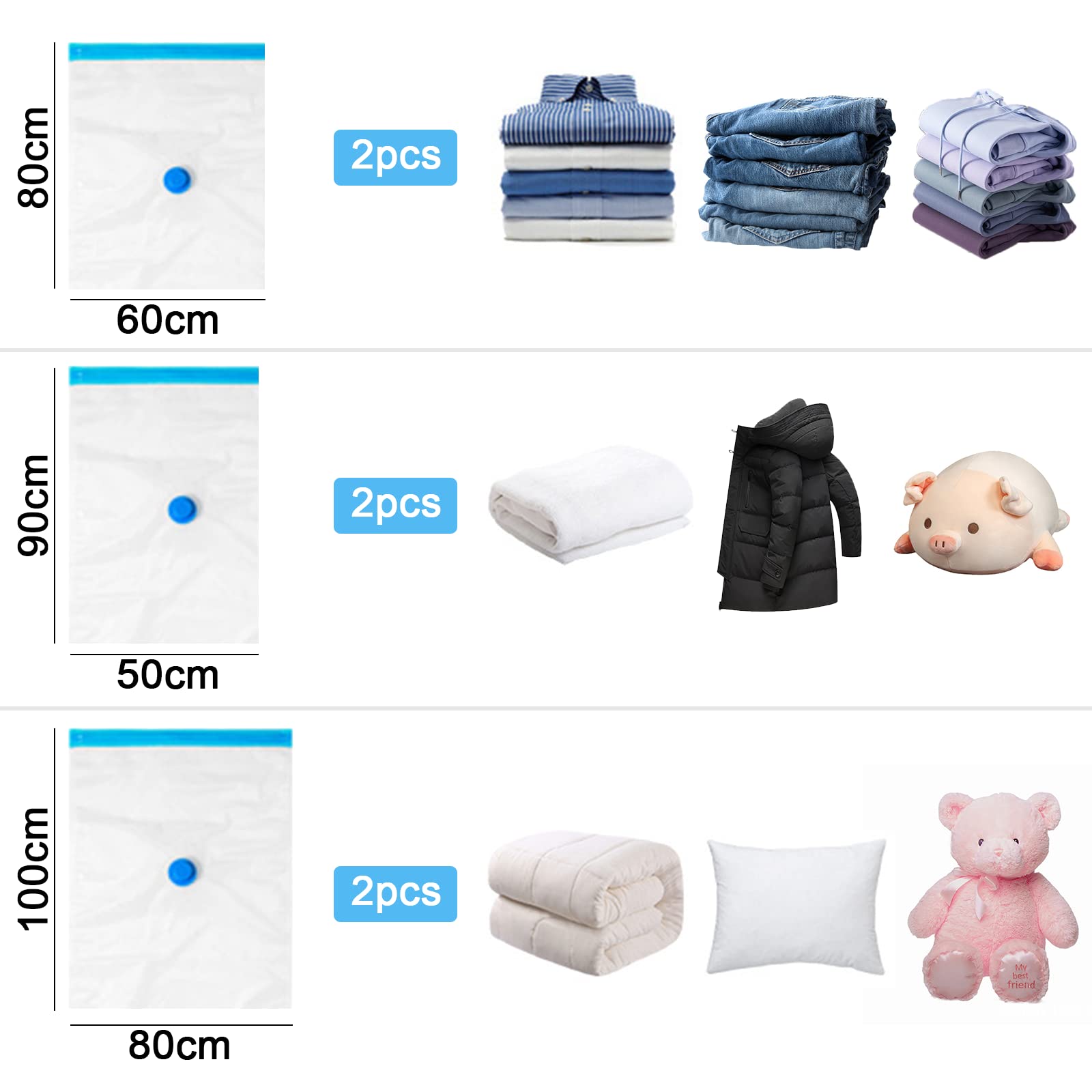 6 sztuk worków próżniowych na ubrania, kołdry, 2 worki Jumbo 100 x 80 cm + 2 duże 90 x 50 cm + 2 duże worki próżniowe 80 x 60 cm, rozmiar L, do pościeli, poduszek