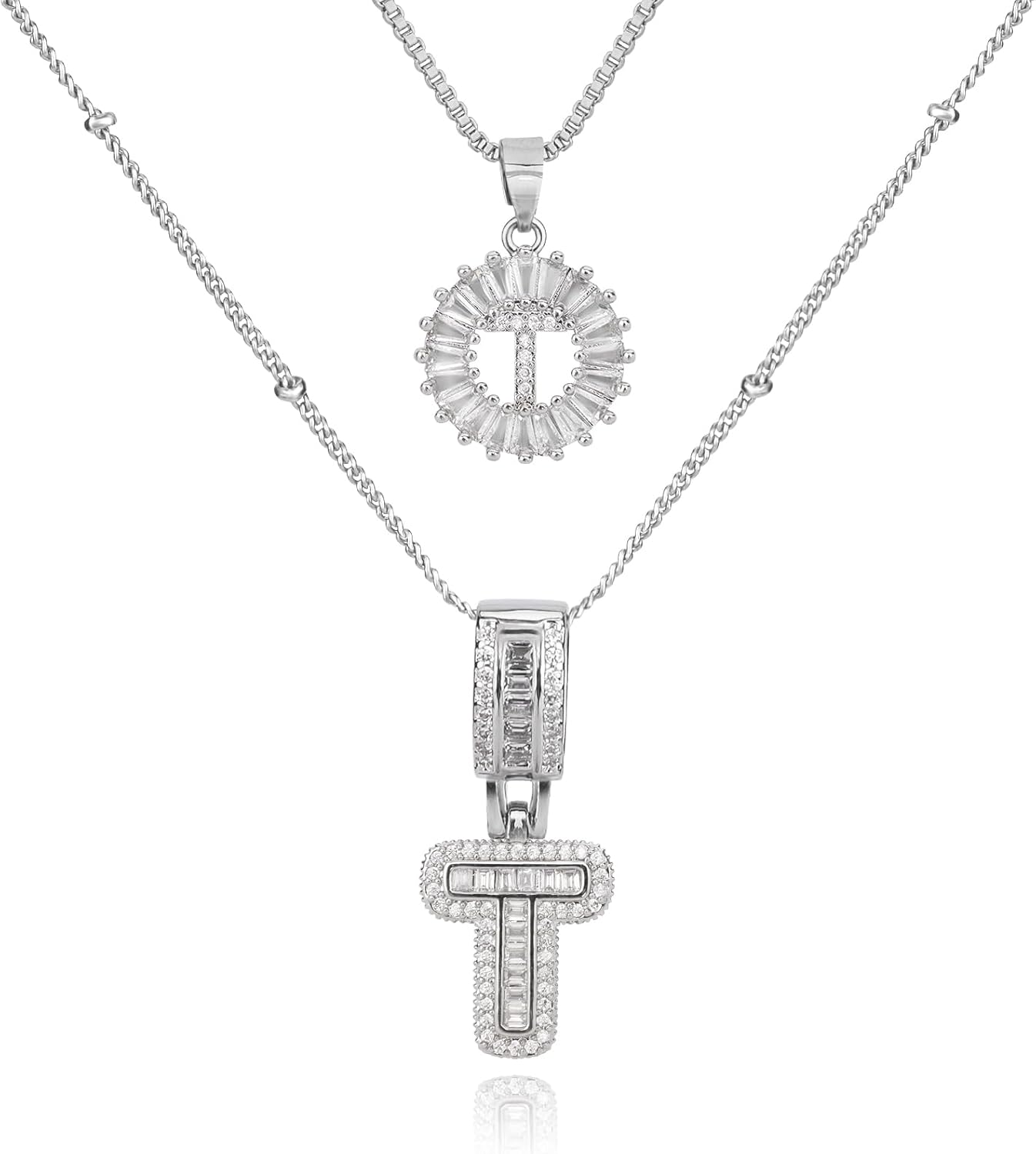 Initial Letter Necklace for Women 14k White Gold Silver Plated Dainty Necklaces Trendy Chunky Custom Layered Necklace Set Personalized Round Circle Zirconia A-Z Letter Chain Pendant Jewelry Gift