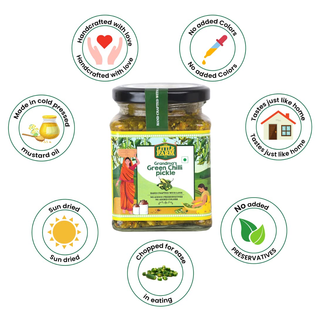 THE LITTLE FARM CO Green Chilli Pickle - Hari Mirch ka Achar (250g)| Less Oil Mustard Base Homestyle Tangy Flavour Chilli Pickles | No Added Preservatives, Artificial Colours & Flavours | Traditional Recipe - Image 6 thumbnail