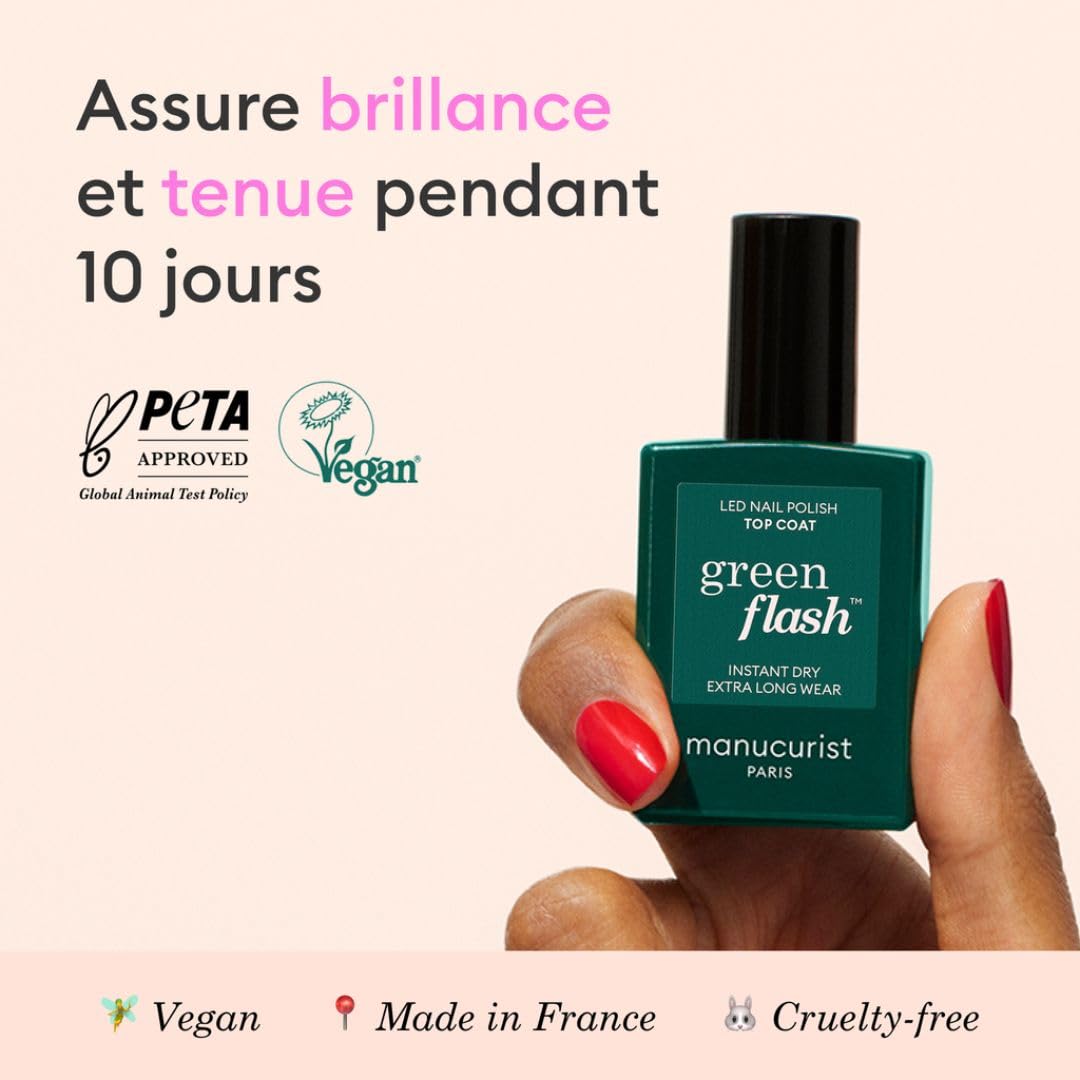 Manucurist - Top Coat Green Flash™ - Top Coat Vernis Semi Permanent - Tenue jusqu'à 10 jours - 12-free - Vegan & 84% d'ingrédients Bio-Sourcés - Fabriqué en France - Flacon 15 ml