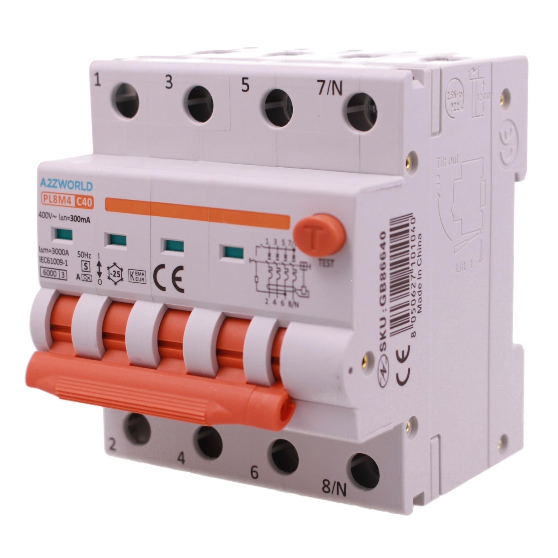 RCBO Selectivo Trifásico 4P Veri, Tipo A(S) 300 mA 40 A C40, Interruptor Magnetotérmico Diferencial Tipo S Clase A Curva C 6kA, Retardo 500 ms, 4 Módulos DIN 380 V AC, Doble Palanca y Diagnóstico