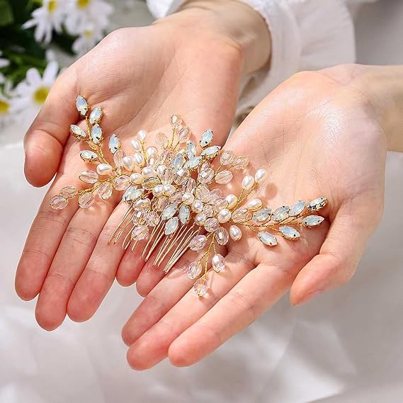 Evild ラインストーン ウェディング ブライド ヘアコーム ゴールド Cryatal ヘアピース パール ブライダル ヘアアクセサリー 女性用