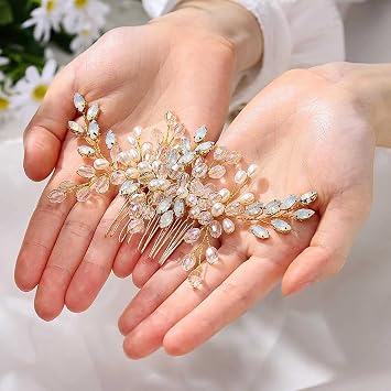 Evild ラインストーン ウェディング ブライド ヘアコーム ゴールド Cryatal ヘアピース パール ブライダル ヘアアクセサリー 女性用