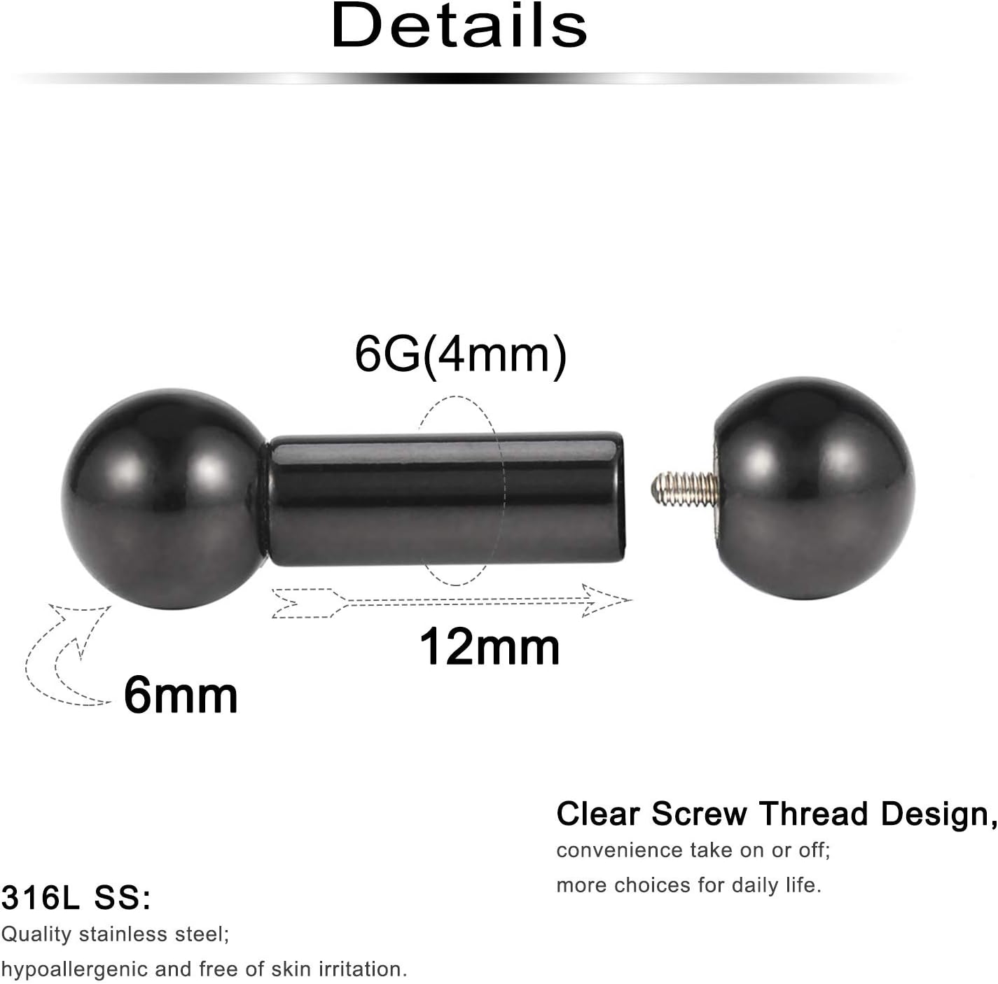 Ftovosyo PA Rings Internally Threaded Straight Barbell Nipple Ring 2G 4G 6G 8G Earrings Gauges Ear Ring Tongue Rings 316L Surgical Steel Body Piercing Jewelry for Women Men 1Pair, Color Black - Image 2