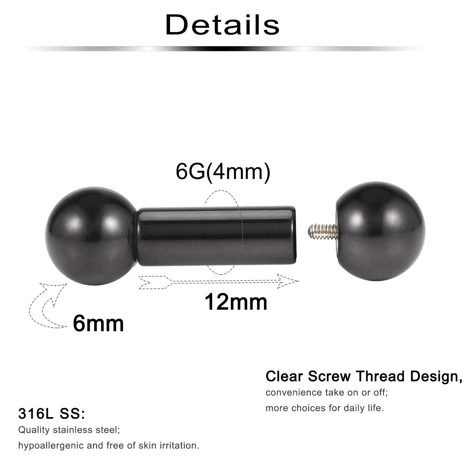 Anillos de PA con rosca interna, de acero quirúrgico 316L, piercing para el cuerpo, 2G, 4G, 6G, 8G, calibre 8G, piercing para el cuerpo, joyería para mujeres y hombres, 1 par, color negro, 2
