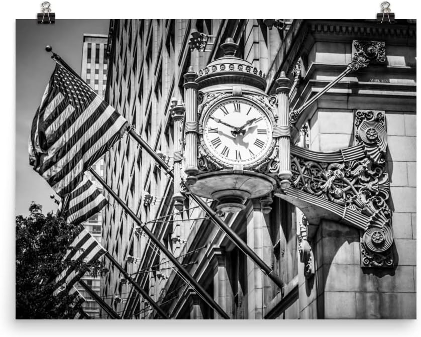 12x16 Inch Chicago Artwork Wall Decor: Unframed Photo Paper Print, Macys Marshall Fields Clock Poster, Black and White Artwork, Print Gift for Men Women