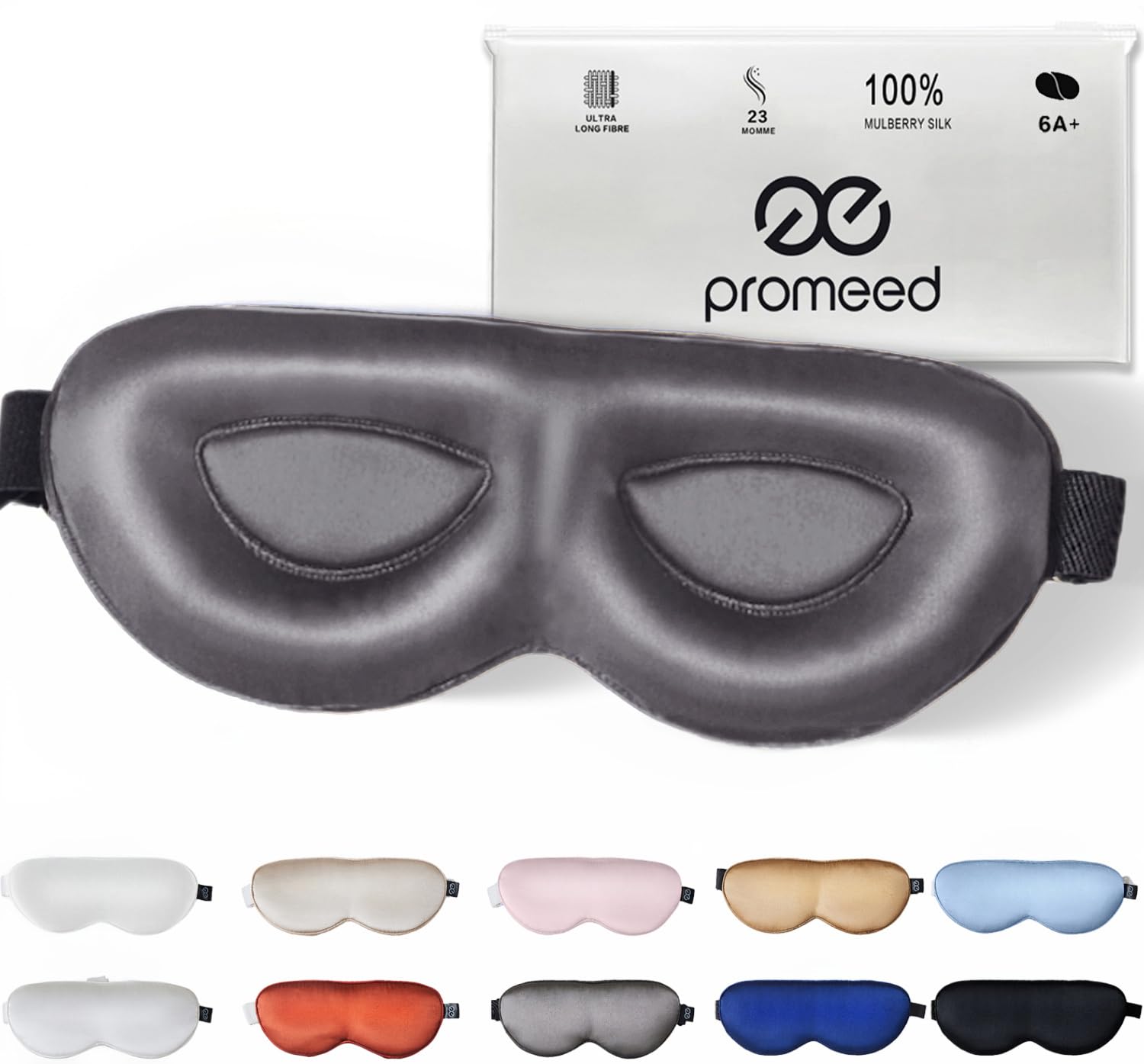 PROMEED Antifaz ajustable para dormir de seda de morera 100 % de 23 momme, contorneado en 3D, antifaz para dormir, súper suave, transpirable, bloquea la luz perfecta para dormir (gris)