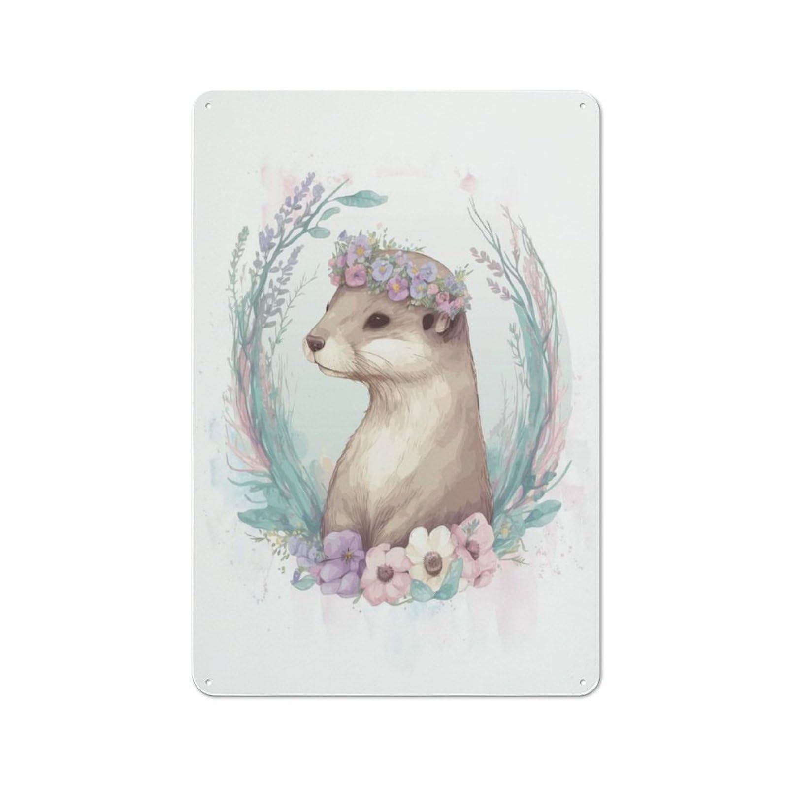Floral Watercolor Otter Rustic Tin Sign 30x20cm for Café Or Restaurant, for Café Owners And Decorators, for Retro Home Interiors