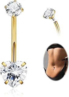 14G G23 Pure Titanium 316L Stainless Steel Long Belly Button Ring for Women 14K Gold Navel Rings CZ Hypoallergenic Belly Ring Internally Threaded Belly Piercing Jewelry 16mm