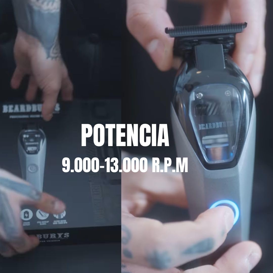 Beardburys Trimmer GT-500 | Maquina de Afeitar Hombre, Barba y Cabello, Recortadora Inalámbrica con Motor de 13.000 RPM, Cuchillas DLC + Cerámica, Batería 2 Horas y Cabezal 360º | Ideal para Barberos