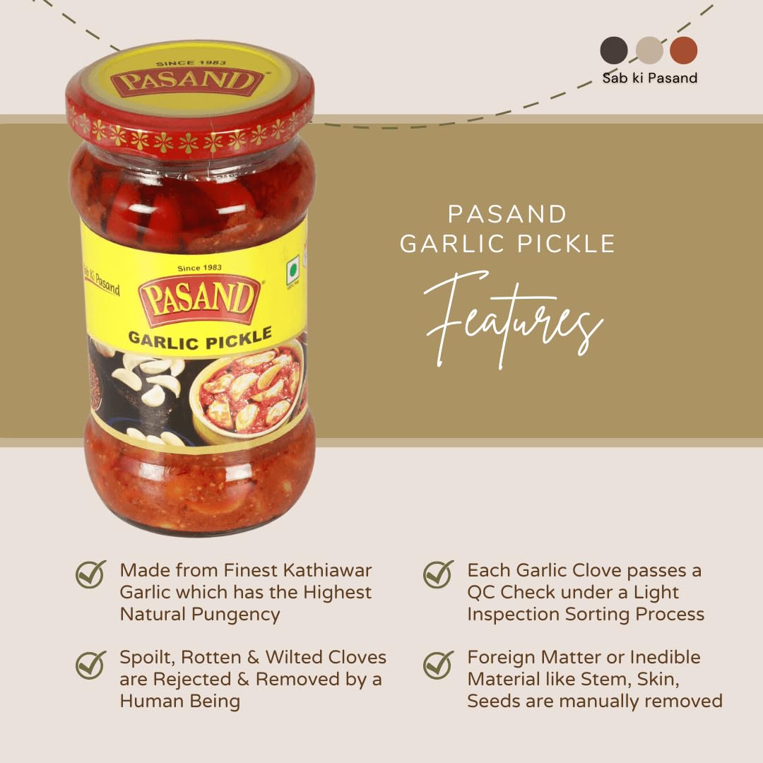Pasand Garlic Pickle – Lehsun Aachaar | 280g Glass Jar | Hand Peeled Kathiawari Garlic Cloves | Bold, Spicy & Authentic Taste | Traditional Indian Pickle 1