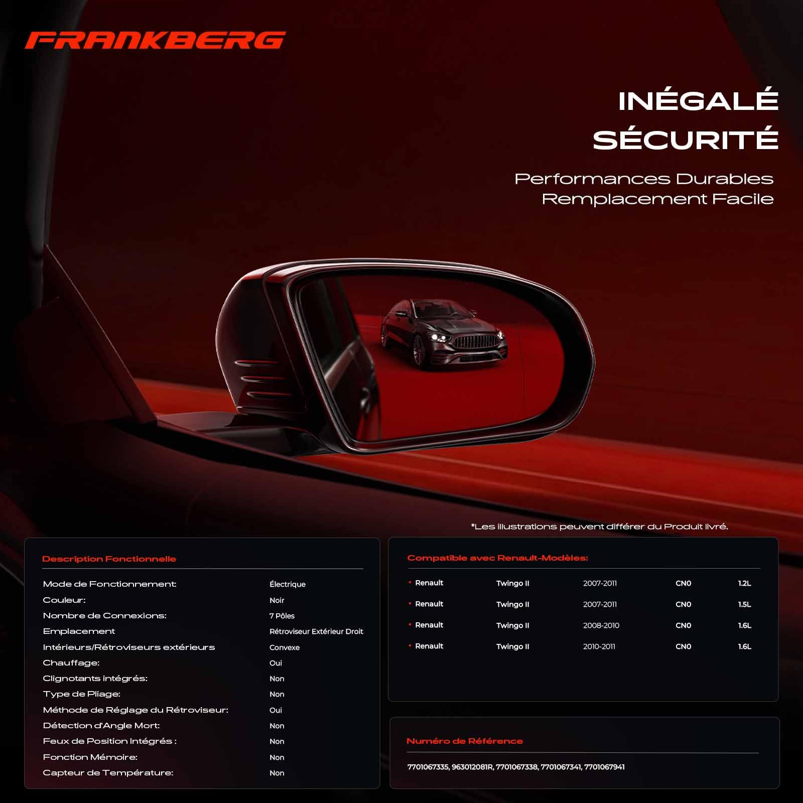 Frankberg Rétroviseur extérieur électrique droit, 7 broches, 7701067338