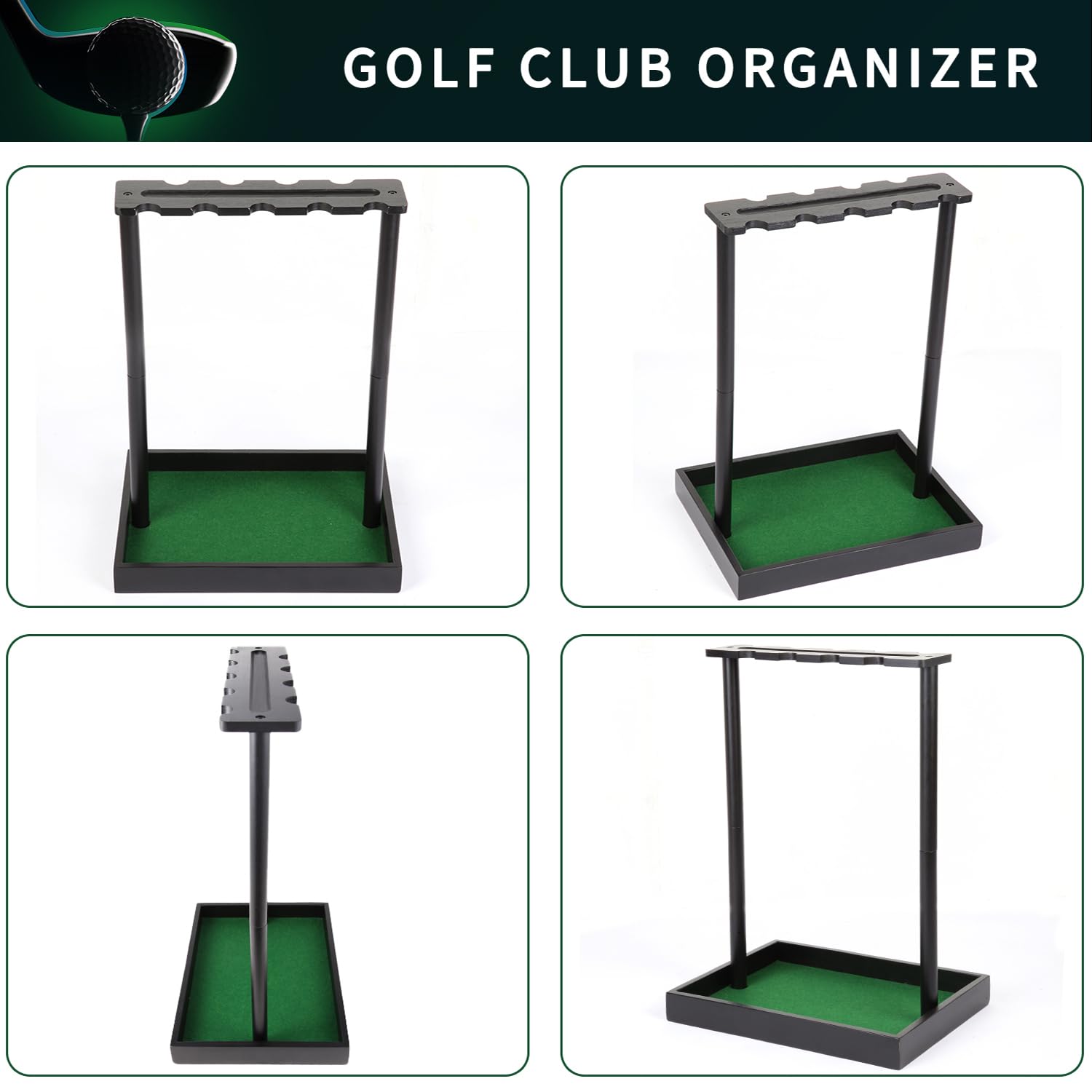 EnigmaSoul Golf-Putterständer Aus Holz – Mit Ballaufbewahrung Für 23 Bälle & 8 Schläger, Inkl. Kunstrasenmatte, Für Zuhause, Büro Oder Simulator