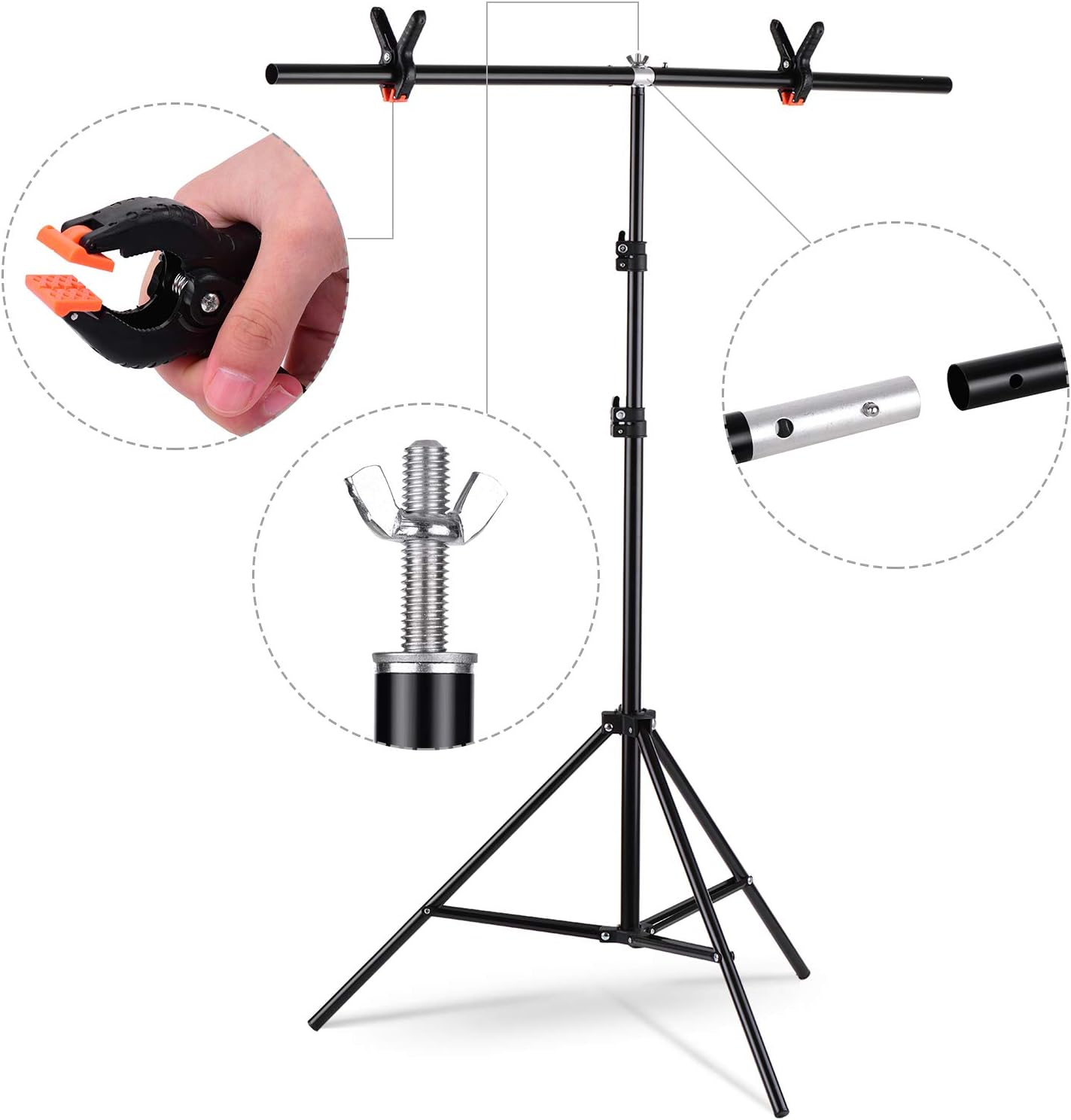 Andoer 1 x 2 m T-Shape Backdrop Stand Background Support Kit Aluminium Alloy Material Heavy Duty Portable Adjustable Height for Photo Video Studio with Black Spring Clip