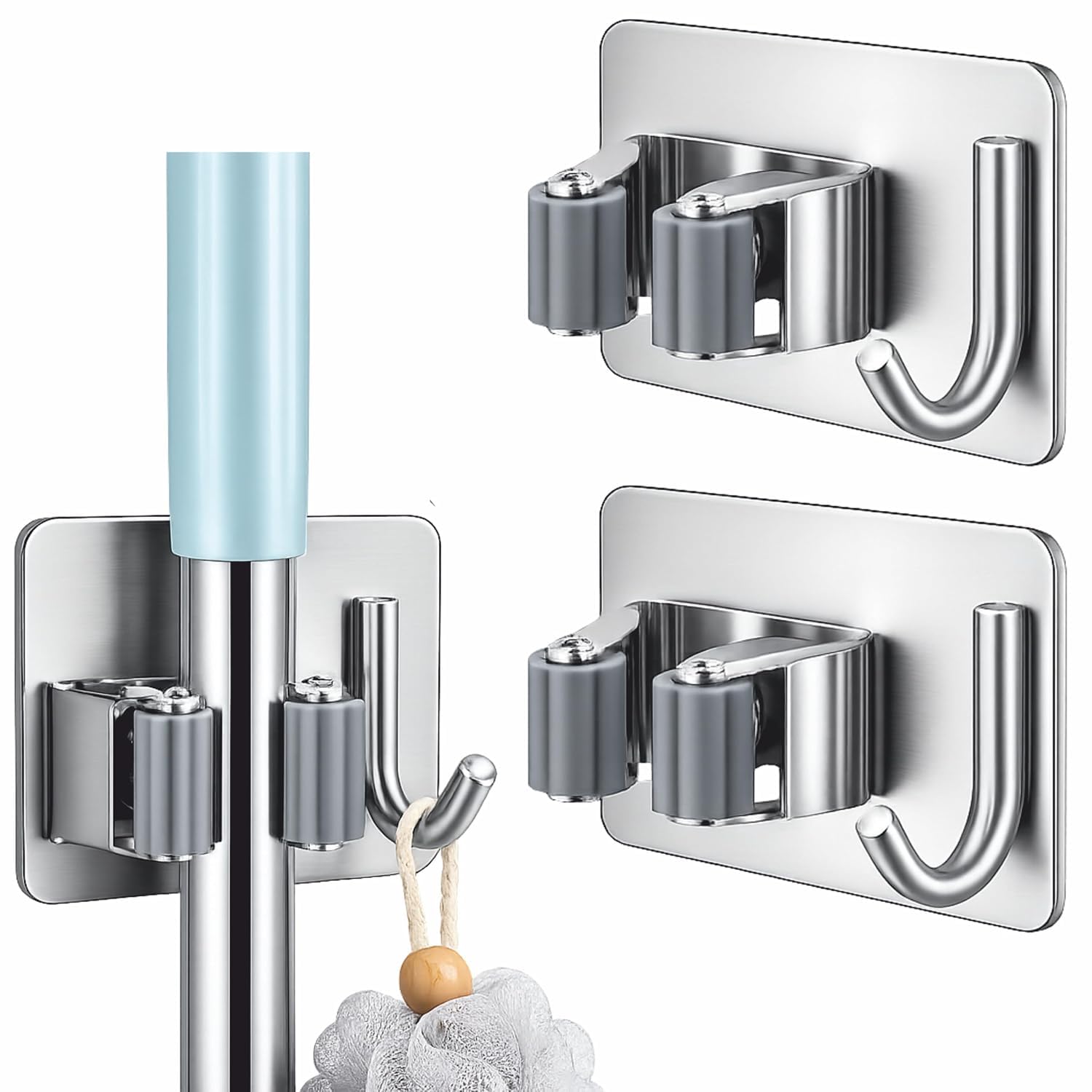 stainless steel mop & broom holder wall mounted pack of 2 | no drill required, heavy duty rack, includes hooks, multi-room use, rust-resistant steel