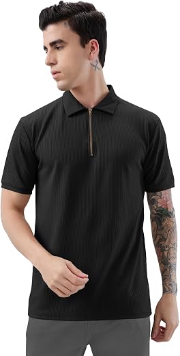 KAJARU Men's Polyster Blend Regular Fit T-Shirt with Half Sleeve Chain Polo Collar V-Neck Standard Length and Classic Style