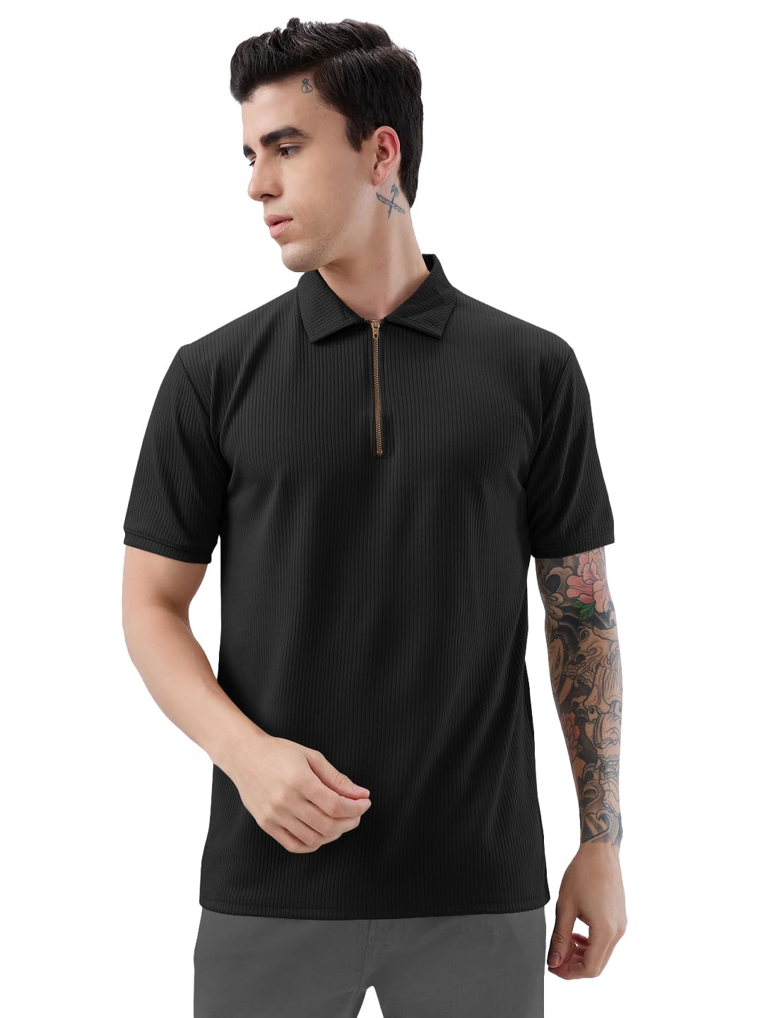 KAJARU Men’s Polyster Blend Regular Fit T-Shirt with Half Sleeve Chain Polo Collar V-Neck Standard Length and Classic Style KAJARU Men’s Polyster Blend Regular Fit T-Shirt with Half Sleeve Chain Polo Collar V-Neck Standard Length and Classic Style