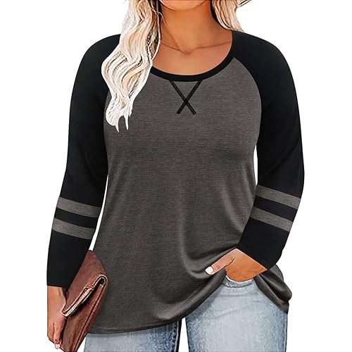 CARCOS Plus Size Tops for Women Long Sleeve Fall Tunic Color Block Camo/Plaid/Leopard/Fall Blouse Crewneck Tshirt XL-5XL