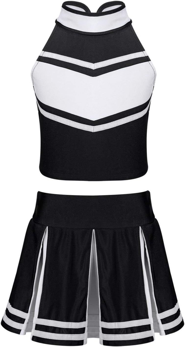 Freebily Girls Cheer Leader Costume High Neck Crop Top and Pleated Mini Skirt Cheerleading Dance Dress Cosplay Uniform Outfit