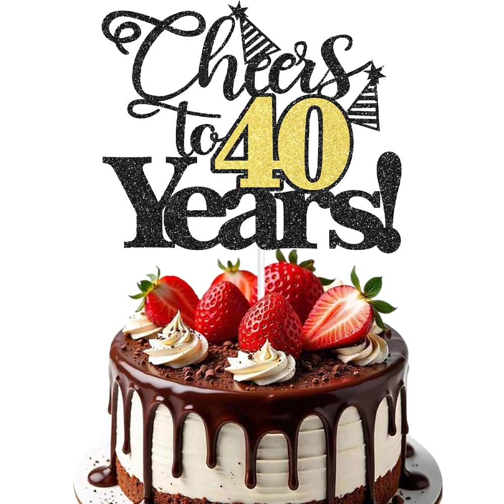 Happy 40th Birthday Cake Topper, 40 Cake Topper, 40th Cakes Toppers, HSC 1PC Cheers to 40 Years Gold Black Glitter Paper Decoration for Birthday Anniversary Party Supplies